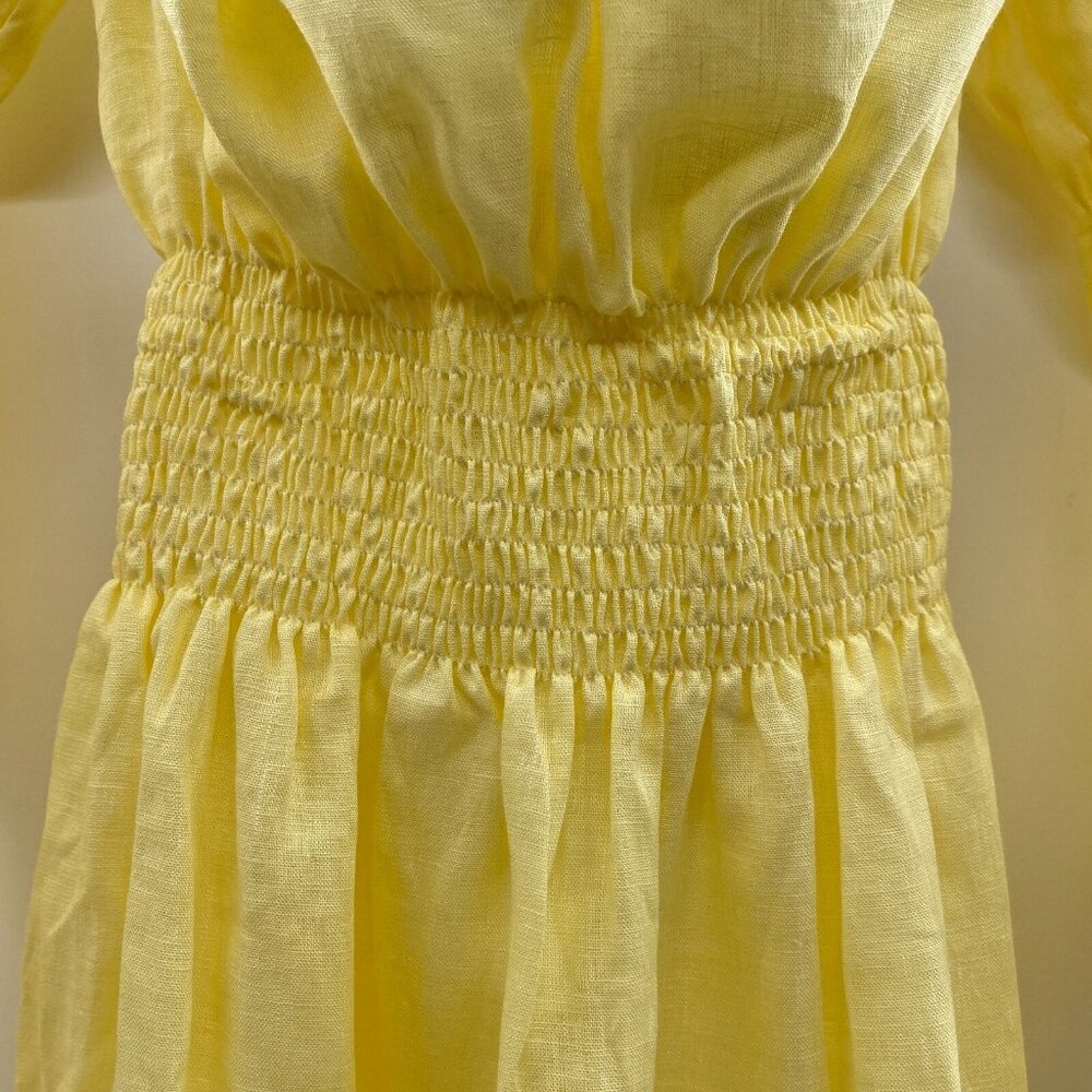 Sleeper Women’s Michelin Linen Midi Dress Lemon Yellow Smocked Puff Sleeve sz L - Picture 3 of 9